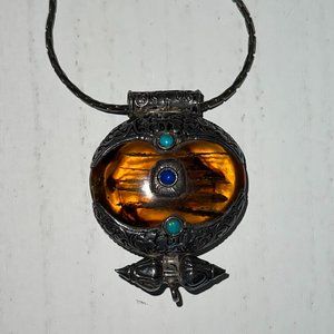 Vintage Amber Pendant Necklace in Sterling Silver